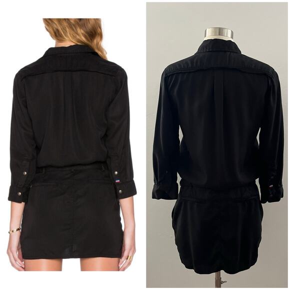 Etienne Marcel Military Utility Shirt Dress 3/4 Sleeve Mini Pockets Black Small - Picture 2 of 11